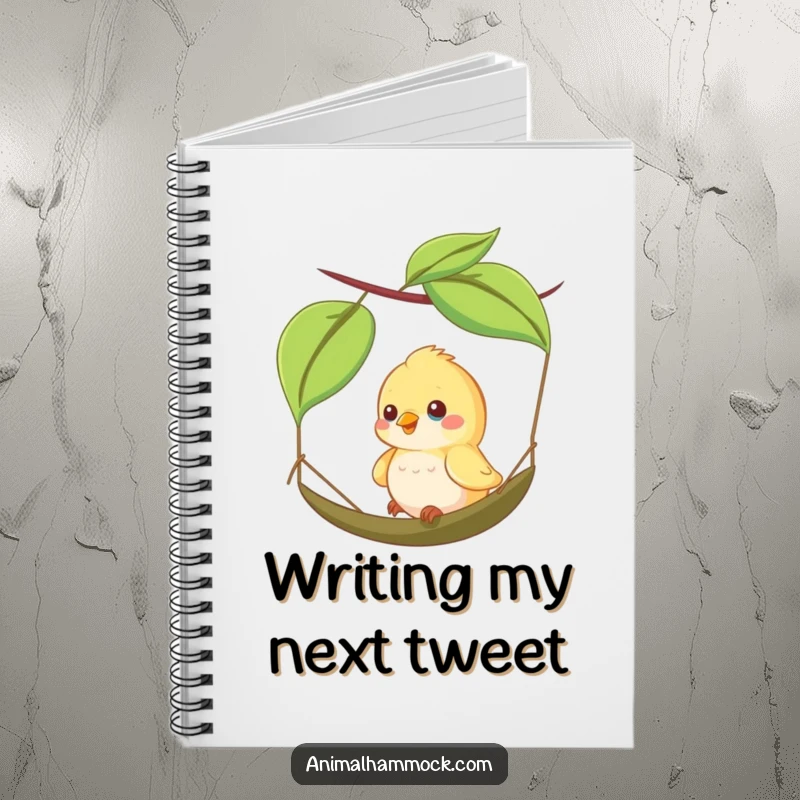 Funny notebook with a happy bird swinging on a leaf hammock, ideal for journaling thoughts and capturing moments of pure joy.