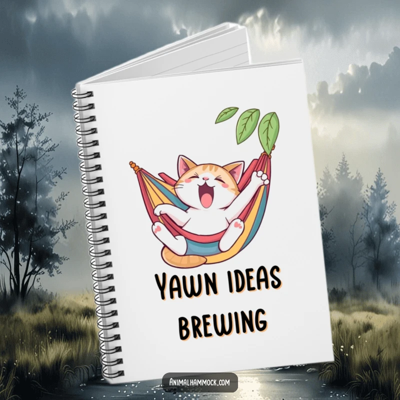 Funny cat notebook with a yawning cat stretching languidly in a colorful hammock, ideal for notes and creativity, a cool funny gift.