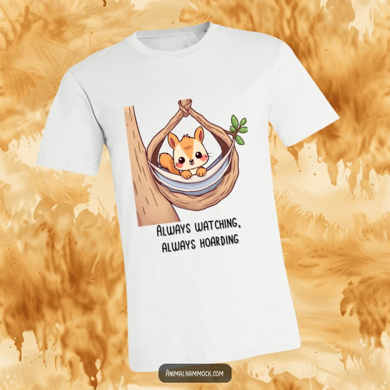 Funny t-shirt showing a curious squirrel peeking out from its hammock nestled inside a cozy, leafy nest, inviting observation.