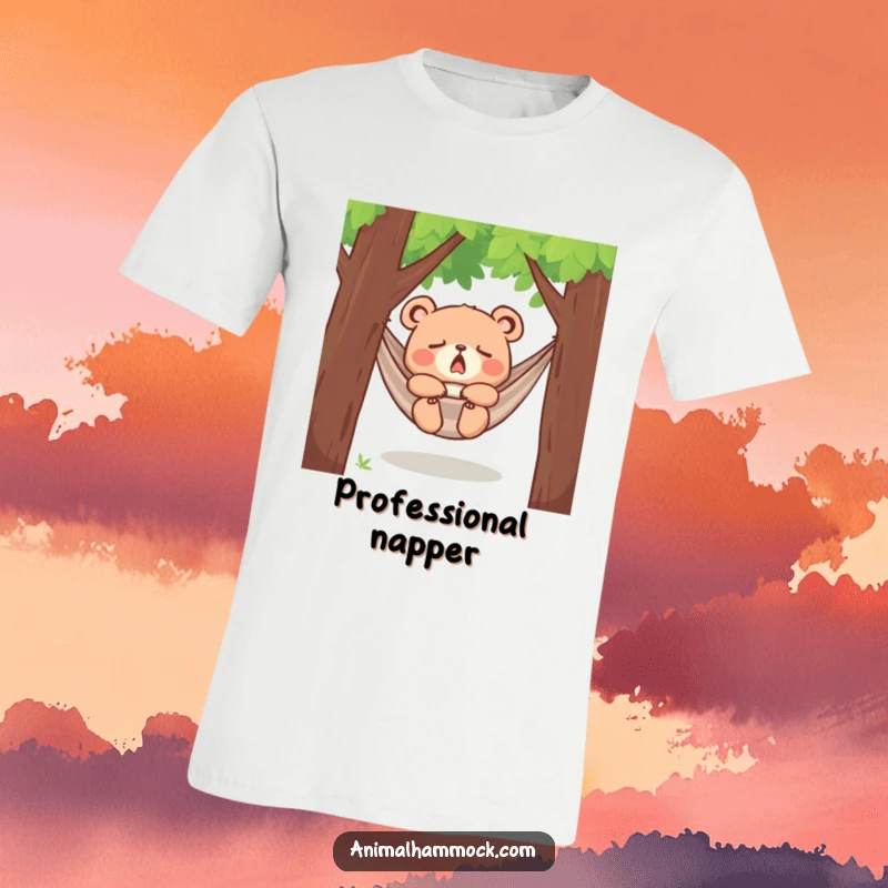 Funny yawning bear cub dozing in a hammock between trees, printed on a soft t-shirt, embodying ultimate relaxation and sleepiness.