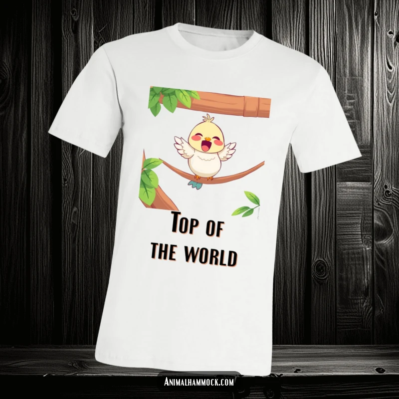 Funny t-shirt design featuring a delighted bird character perched on the edge of a hammock, embodying pure happiness.