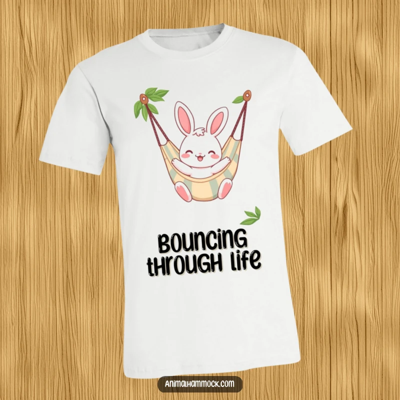 Funny Bunny T-Shirt, a cheerful bunny character bouncing gently in a striped hammock, showcasing pure delight and movement.