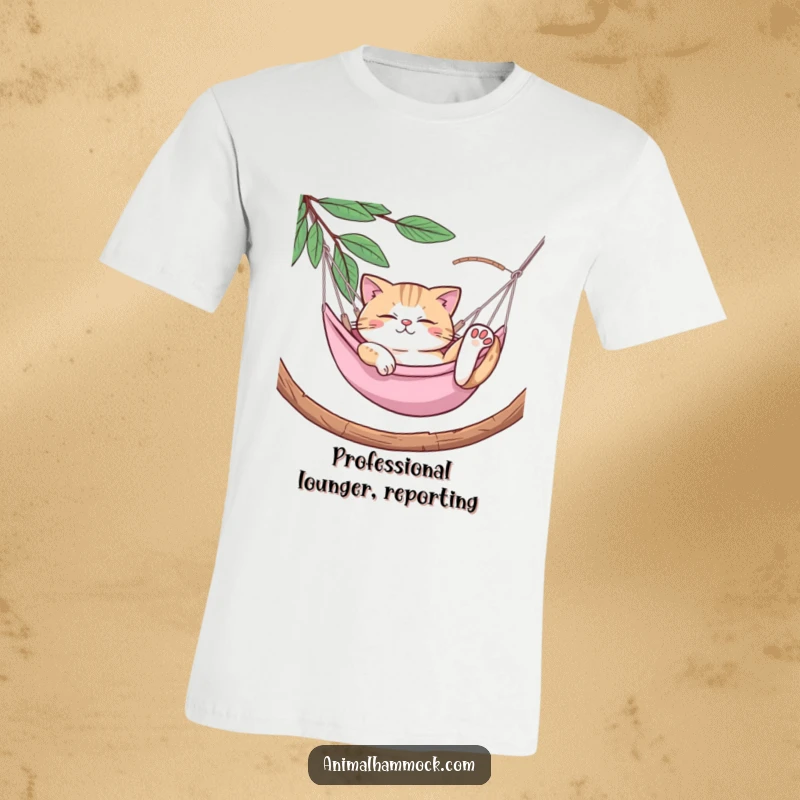 Funny Cat T-Shirt: A relaxed cat theatrically stretching in a hammock, showcasing extreme laziness and comedic comfort, a great funny gift.