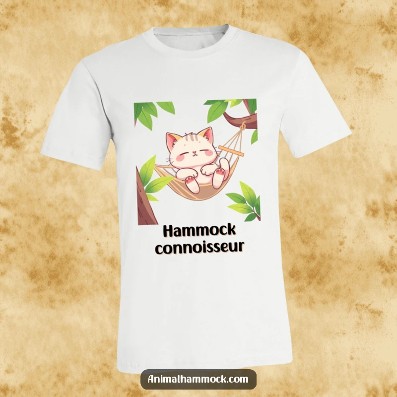 Funny Cat T-Shirt, a euphoric cat character lounging deeply in a swaying hammock, expressing pure joy and ultimate relaxation.