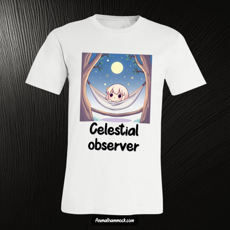 Funny t-shirt with a cute character in a hammock, looking at stars under a beautiful moonlit night sky, embodying peaceful escape.