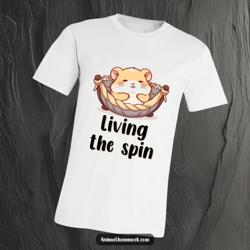 Funny contented hamster rolling joyfully in a miniature hammock, printed on a soft t-shirt, embodying pure fun and active happiness.