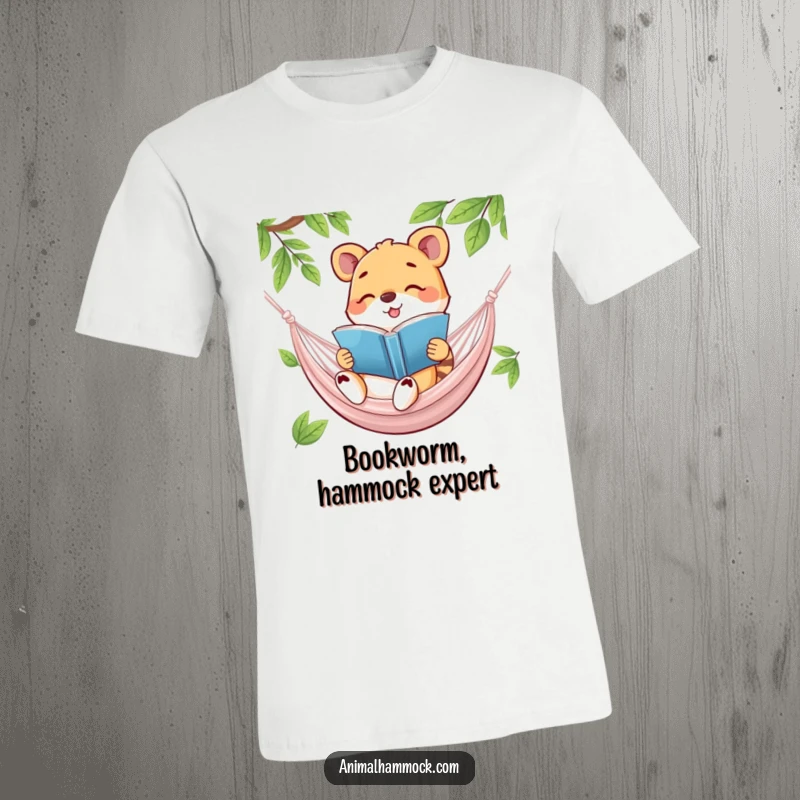 Funny t-shirt depicting a content animal reading a book in a hammock, radiating a sense of peacefulness and hilarious intellectual enjoyment.