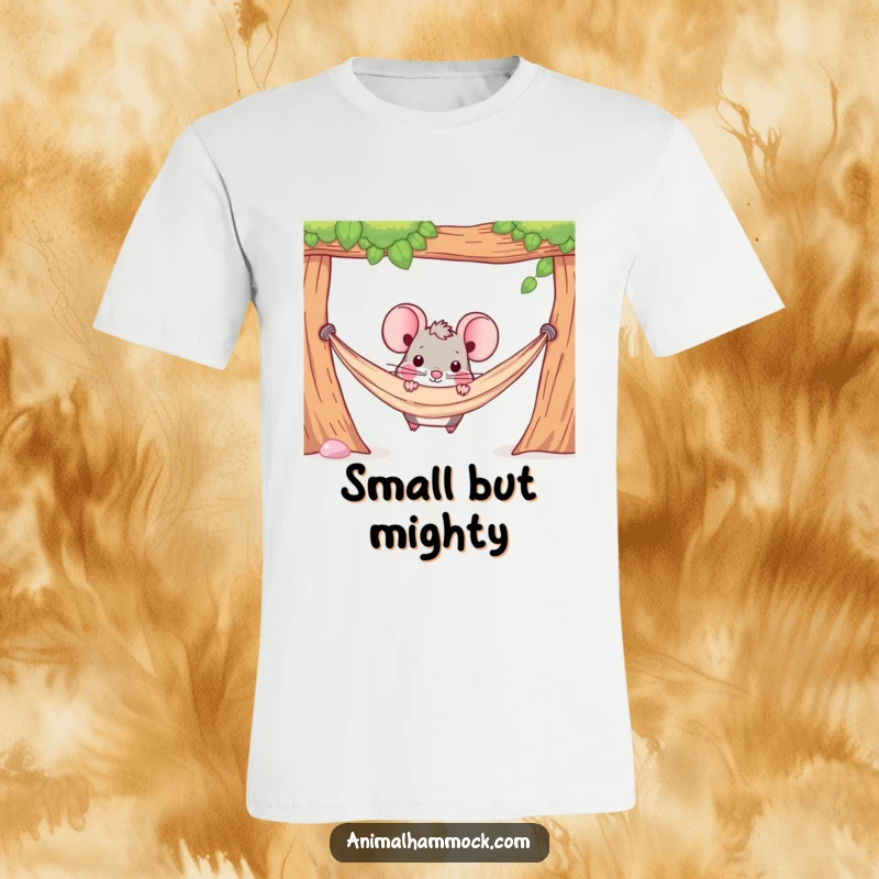 Funny t-shirt design featuring a determined mouse character peeking out from under a hammock, hinting at hidden plans.