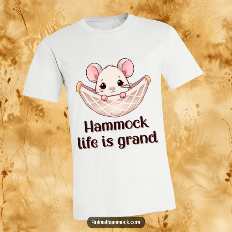 Funny mouse peeking happily from a hammock net, captured on a comfortable t-shirt. A humorous depiction of pure bliss.