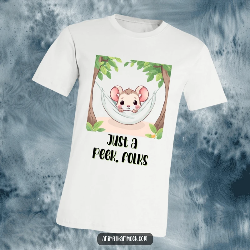 Funny, curious little mouse peeking out from beneath a soft hammock blanket, perfect for a humorous t-shirt.