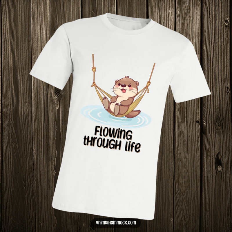 Funny t-shirt featuring a giggling otter character floating serenely in a hammock tied to water, embodying ultimate relaxation.