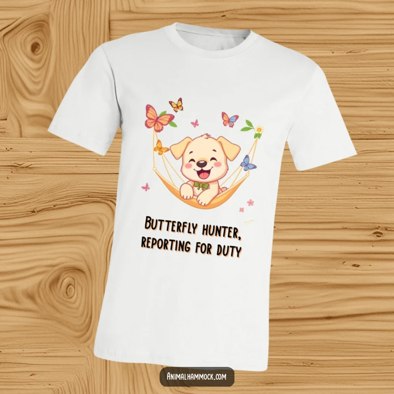 Funny Puppy T-Shirt: A happy puppy energetically chasing butterflies near a hammock, illustrating comedic bliss and outdoor fun, a fantastic gift.
