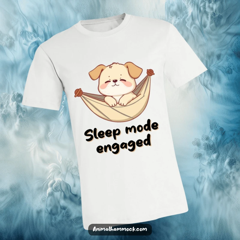Funny puppy t-shirt showing a giggling puppy sleeping soundly in a hammock, capturing adorable slumber and canine bliss. A humorous design.