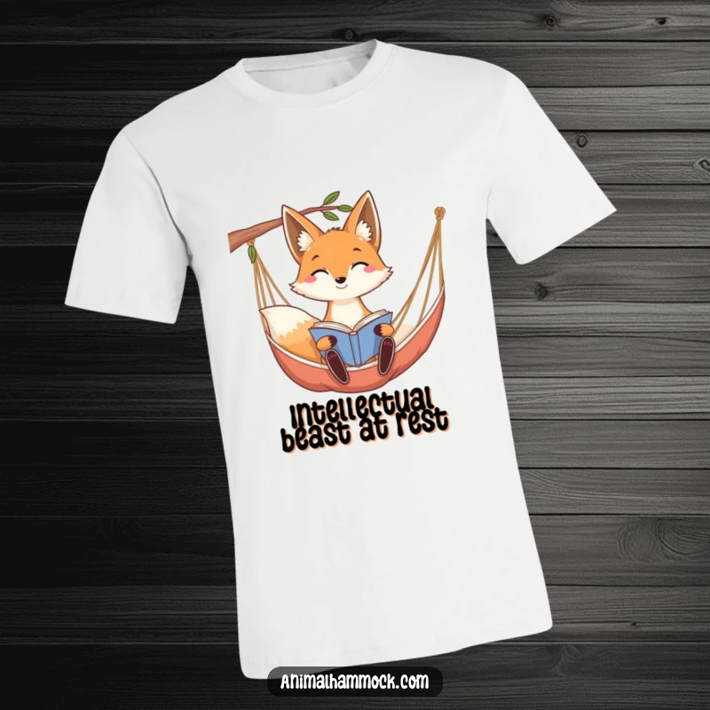 Funny smiling fox with long ears reading a book while relaxing in a hammock, printed on a comfortable t-shirt.