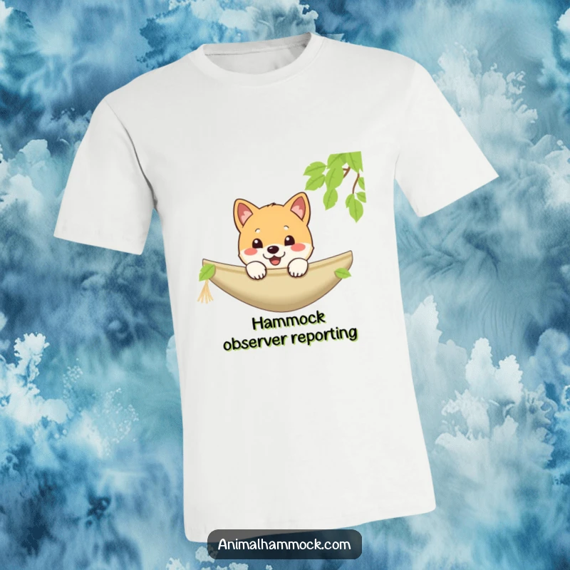 Funny Shiba Inu puppy t-shirt, cheerfully peeking over a hammock edge, ideal for casual wear, a great funny gift.