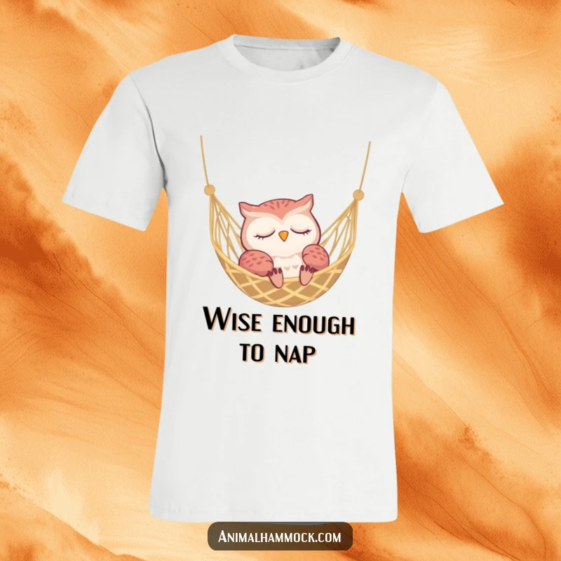 Funny sleepy owl peacefully dozing in a hammock, conveying utmost relaxation on this comfortable, humorous t-shirt.