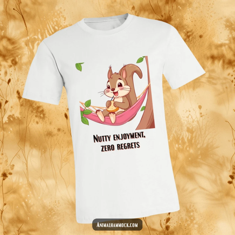 Funny Squirrel T-Shirt: An excited squirrel enjoying a snack while relaxing in a hammock, showcasing comedic leisure and foodie fun, a fantastic gift.