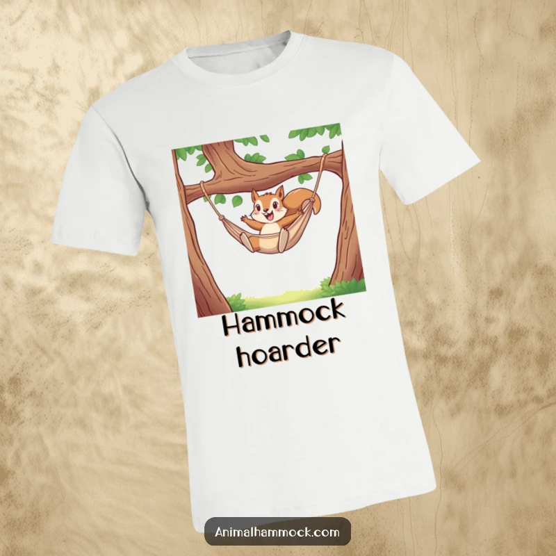 Funny t-shirt showcasing a squirrel comically leaping into a hammock, embodying pure, unadulterated fun. Perfect gift for the wild at heart.