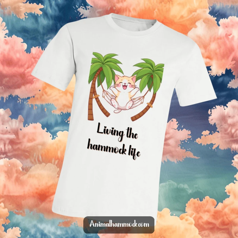 Funny cat t-shirt featuring a cat bouncing on a hammock, embodying tropical relaxation and joy, a great funny gift.