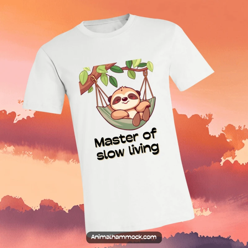 Funny sloth t-shirt showing a cheerful sloth lounging in a hammock, radiating contentment and humor. Wearable art for relaxation lovers.