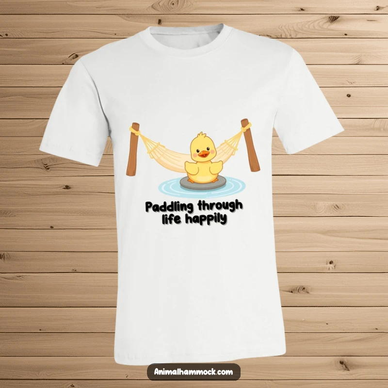 Funny Duckling T-Shirt: A playful duckling joyfully paddling near a hammock, showcasing comedic delight and water fun, a fantastic gift.