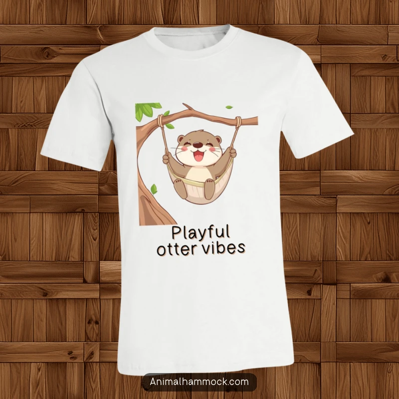 Funny Otter Swing T-Shirt showing a happy otter gleefully swinging in a hammock with pure, unadulterated joy.