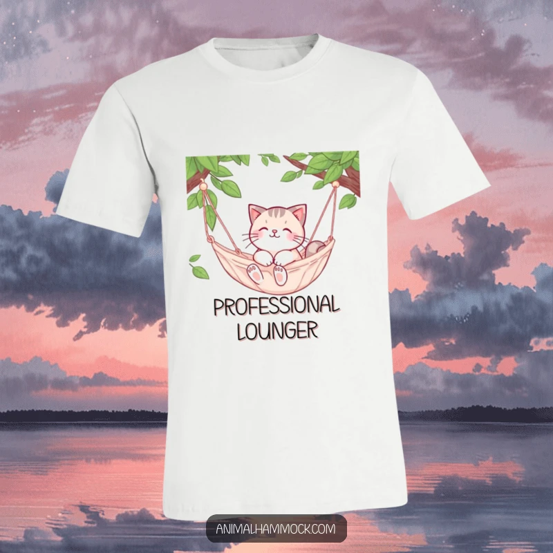 Funny Cat T-Shirt: A cute cat character enjoys a gentle sway in a hammock, embodying ultimate relaxation and humor.