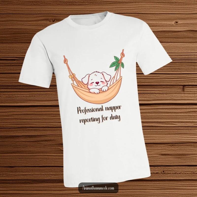 Funny puppy character napping peacefully in a hammock, showcasing pure relaxation on a comfortable and humorous t-shirt.