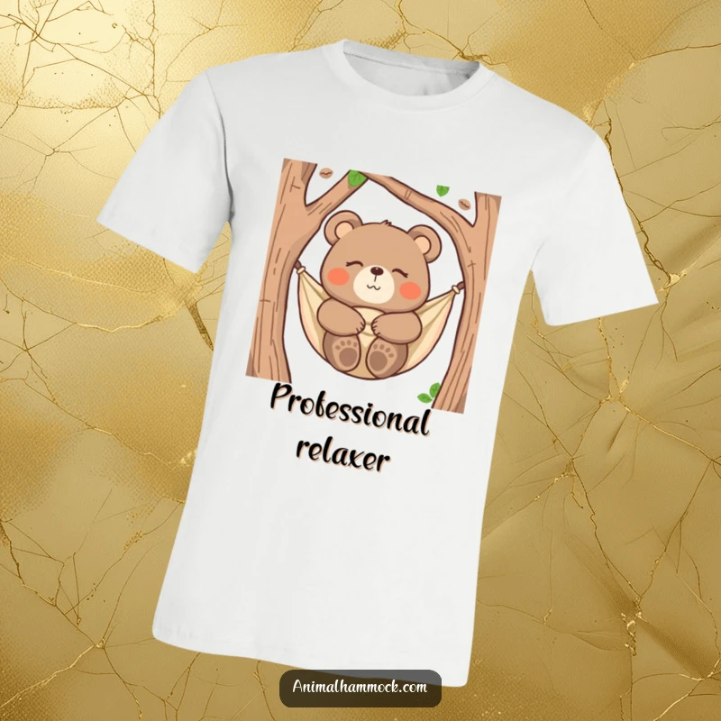 Funny bear t-shirt with a happy bear blissfully snuggled in a hammock, eyes closed, conveying ultimate humorous relaxation.