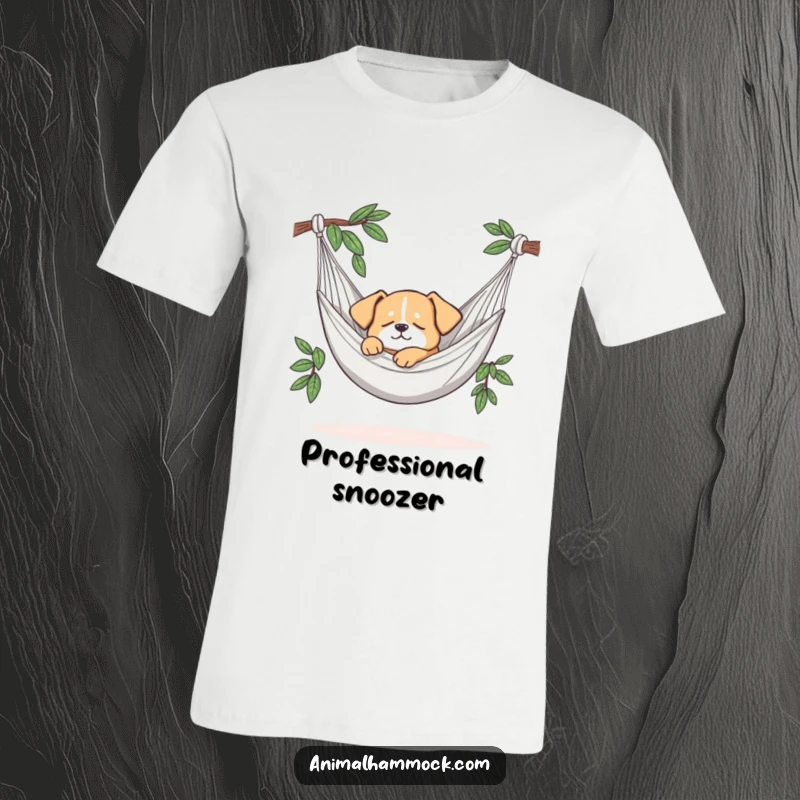 Funny t-shirt illustrating a small dog deeply asleep in a comfortable hammock, exuding peace and adorable slumber. Great gift.