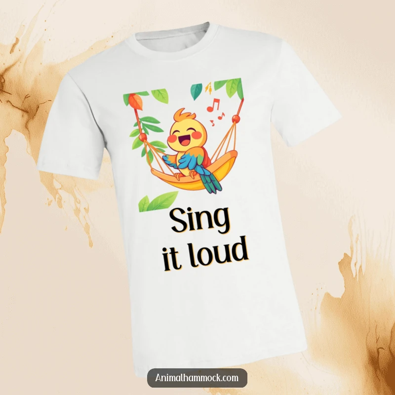 Funny joyous parrot singing from a brightly colored hammock, printed on a soft t-shirt, embodying high spirits and tropical party vibes.