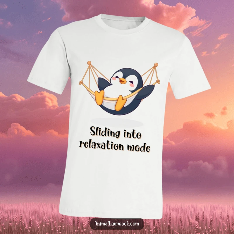 Funny Penguin T-Shirt: A happy penguin sliding with glee into a hammock, showcasing comedic bliss and icy fun, a wonderful gift.