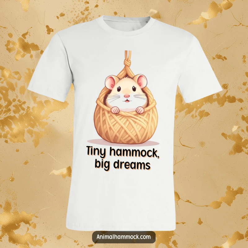 Funny hamster t-shirt, curious hamster peeking from a tiny hammock made of yarn, ideal for casual wear, a great funny gift.