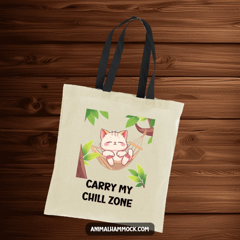 Funny Cat Tote Bag, a euphoric cat character lounging deeply in a swaying hammock, perfect for carrying everyday items.
