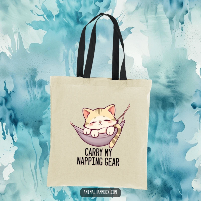 Funny tote bag depicting a sleepy cat lounging effortlessly on the edge of a hammock, conveying relaxed humor.