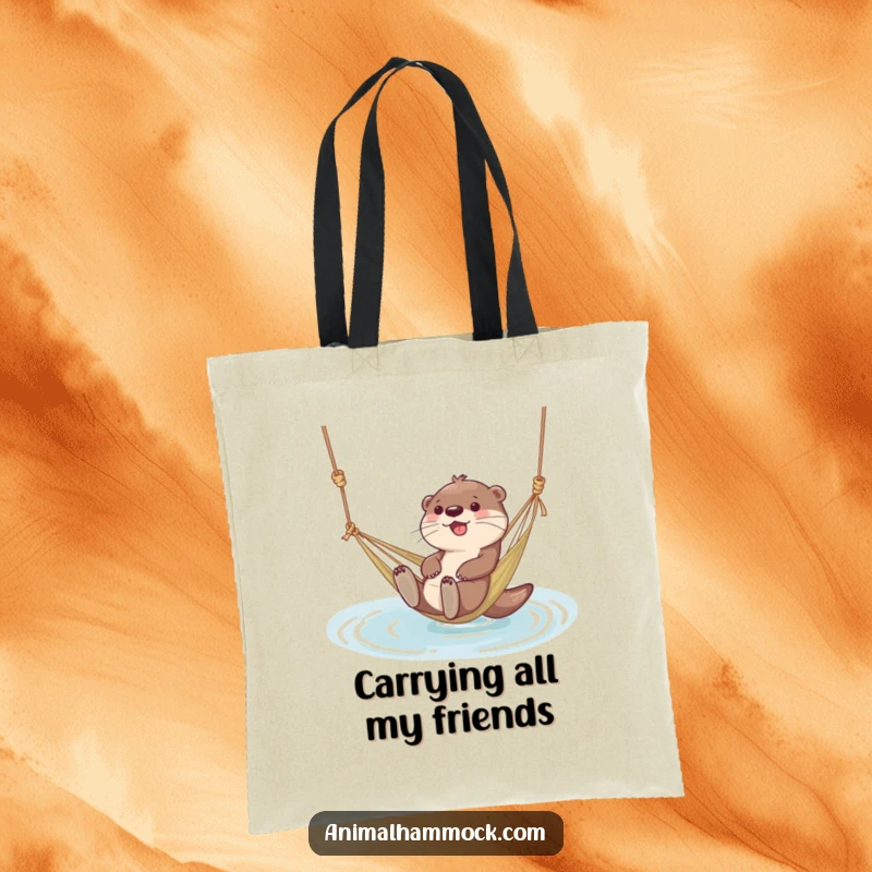 Funny tote bag featuring a giggling otter character floating in a hammock tied to water, perfect for beach or daily use.