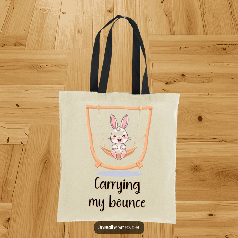 Funny cheerful bunny bouncing playfully in a hammock, featured on a durable tote bag for a touch of everyday fun.