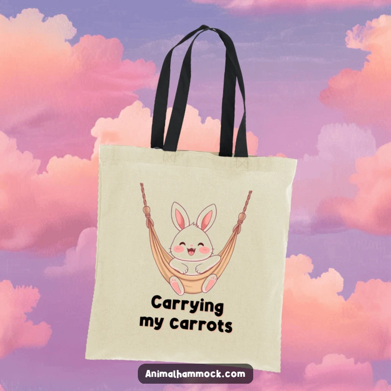 Funny fluffy bunny with rosy cheeks joyfully swinging in a hammock, perfect for this fun and practical tote bag.