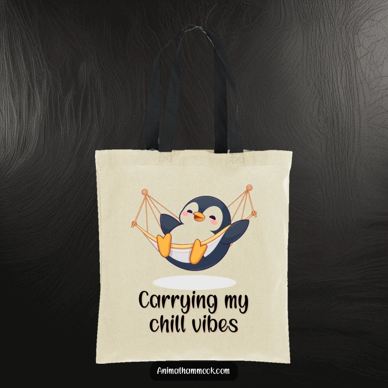 Funny Penguin Tote Bag: A gleeful penguin sliding into a hammock, showcasing comedic delight and arctic adventures, a practical funny gift.