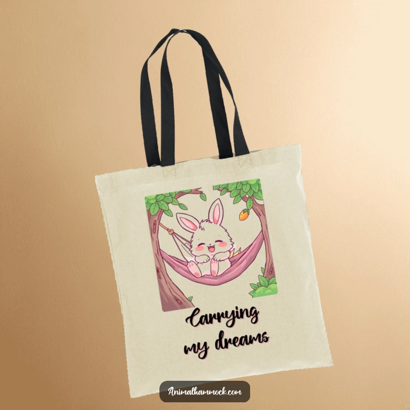 Funny Bunny Tote Bag featuring a fluffy character gleefully bouncing and napping in a hammock, perfect for carrying daily essentials with humor.