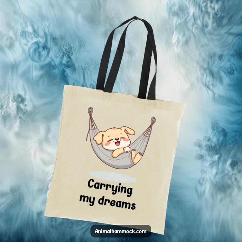 Funny Dog Tote Bag, a delighted dog character blissfully napping in a stretched hammock, for carrying daily essentials.