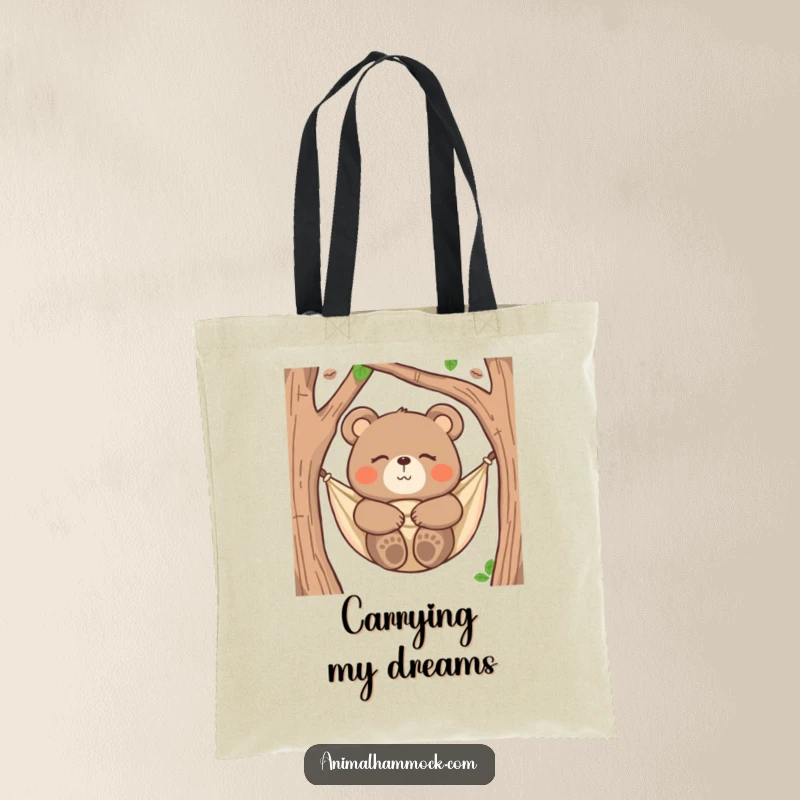 Funny bear tote bag with a happy bear snuggled in a hammock, eyes closed, for carrying items with humorous relaxation.