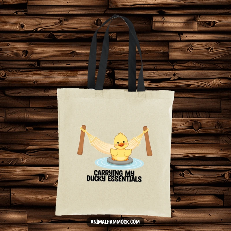 Funny Duckling Tote Bag: A playful duckling happily paddling near a hammock, showcasing comedic joy and water-themed fun, a practical funny gift.