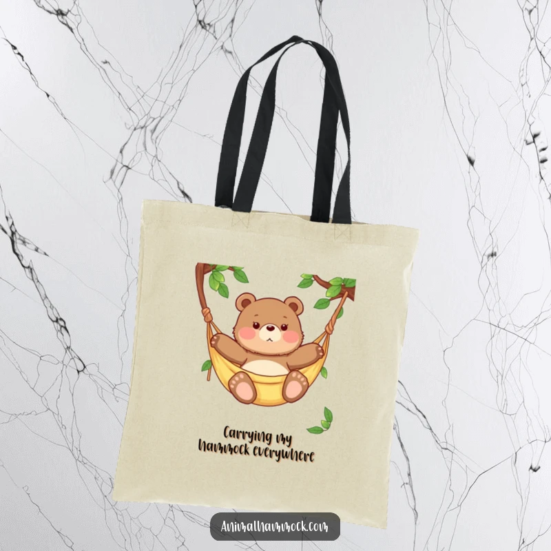 Funny chubby bear cub enjoying a rhythmic sway in a hammock, featured on a durable tote bag for a touch of humor.