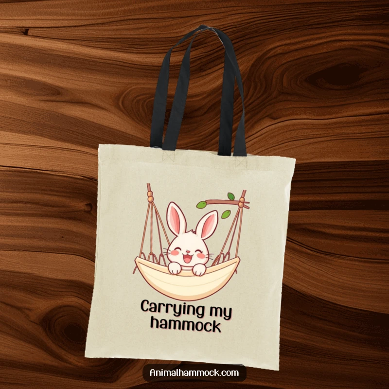 Funny rabbit tote bag featuring a joyful rabbit peeking over the edge of a hammock, ideal for carrying items with a chill attitude.