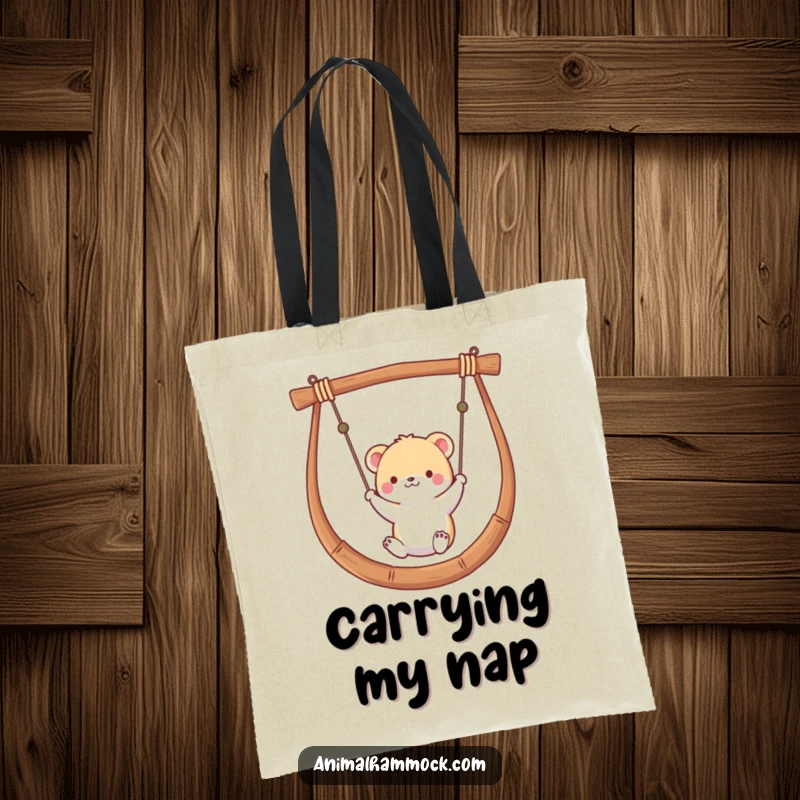 Funny tote bag with a small animal gently swinging in a hammock, perfect for carrying essentials with a touch of playful relaxation.