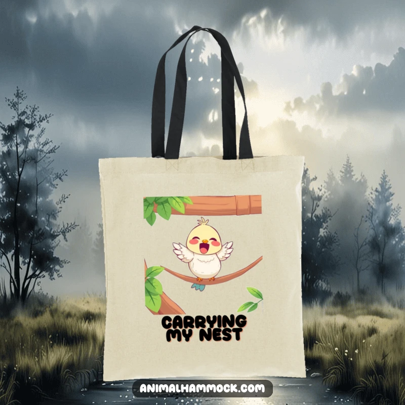 Funny tote bag with a delighted bird character perched on the edge of a hammock, perfect for carrying daily items.