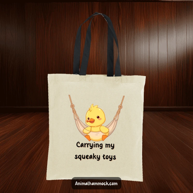 Funny duckling happily bouncing in a hammock on a tote bag, a cheerful and practical accessory.