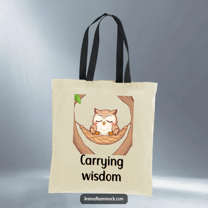 Funny contented owl with closed eyes nestled comfortably in a woven hammock, perfect for this tote bag.