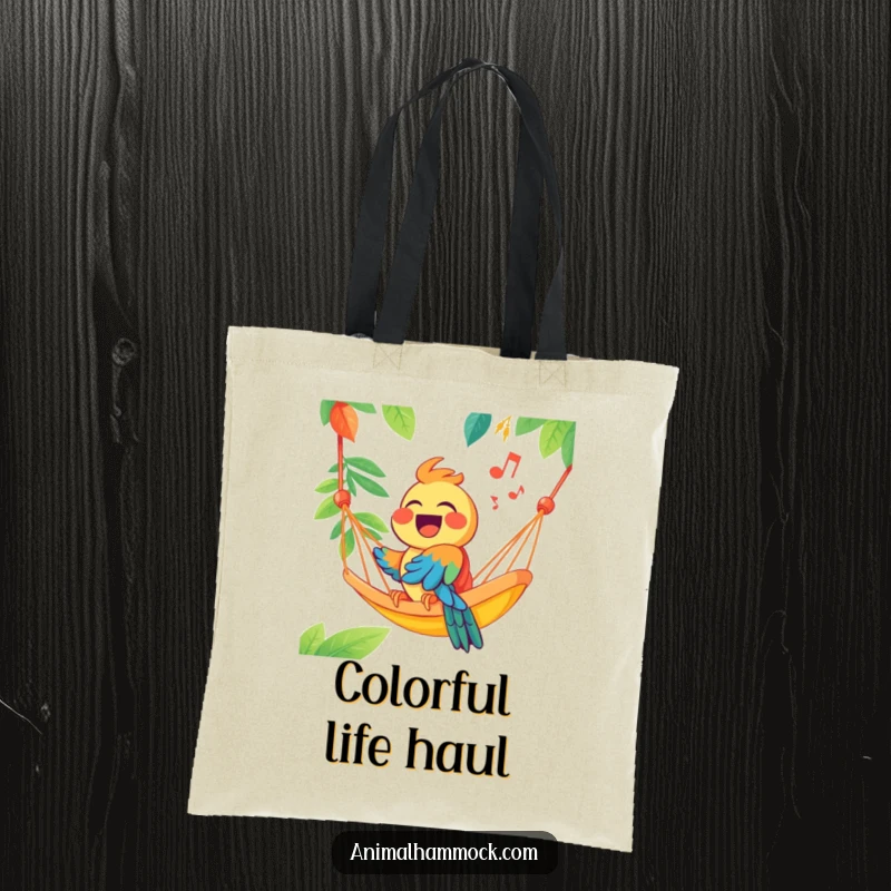 Funny joyous parrot singing from a brightly colored hammock, printed on a sturdy tote bag, showcasing a vibrant and humorous design.